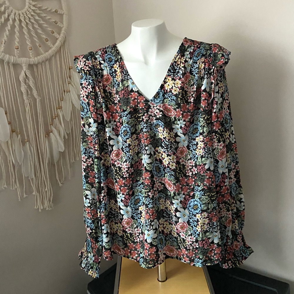 LOFT Multi Color Ruffled Blouse with V-Neckline